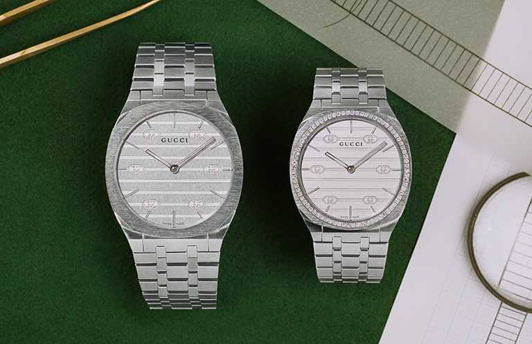 GUCCI「25H」系列石英腕錶，（左）38mm，不鏽鋼錶殼╱52,000元；（右）34mm，不鏽鋼錶殼鑲鑽╱126,000元。（圖╱GUCCI提供）