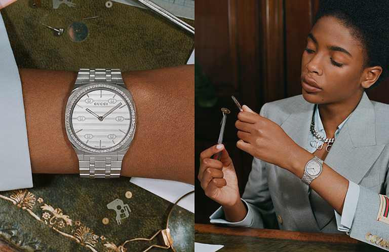GUCCI「25H」系列腕錶，34mm，不鏽鋼錶殼鑲鑽，石英機芯╱126,000元。（圖╱GUCCI提供）