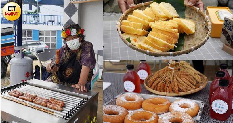 在金崙部落可吃到馬告香腸（左）、穀臼那哪工作室製作的手工麵包（右上），而藍皮解憂號的下午茶也特選金崙的小米甜甜圈與洛神花飲。