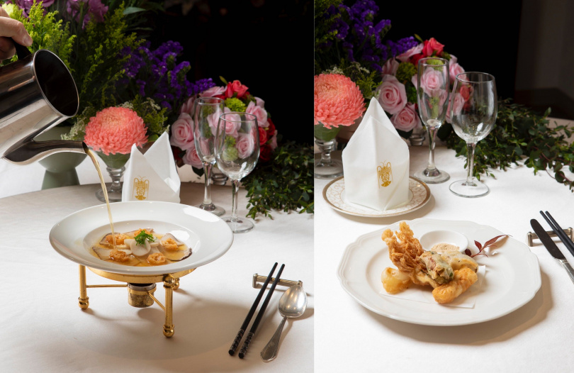 真的好海鮮餐廳主廚李凌明創意利用菇蕈及植物肉烹製的「過橋杏鮑菇」（左）與「酥炸菇類與海鮮拼盤」。（圖／農糧署提供）