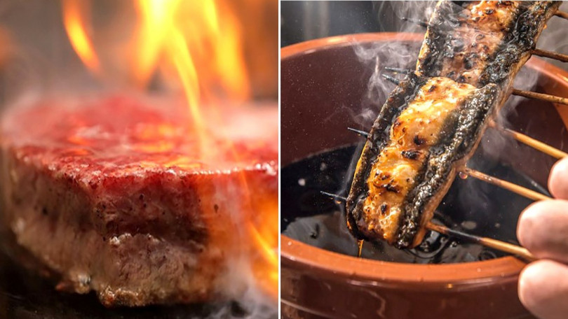 台中美食多元又富迷人創意。（圖片提供左：鐵火牛排提供。右：無敵一家 鰻や）