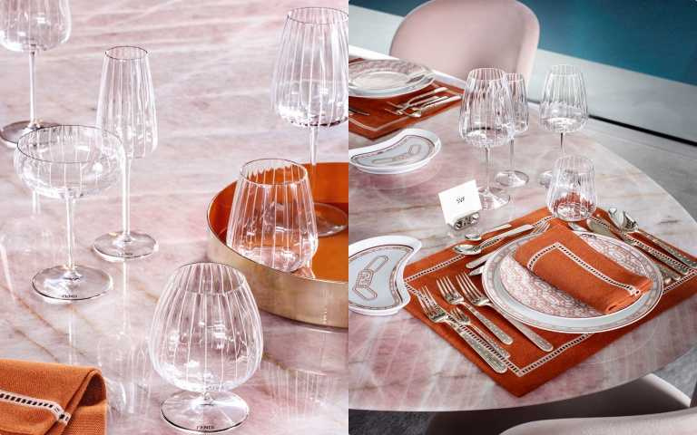 ​整套餐具組都有飾有玻璃。雙色吹製玻璃花瓶上飾有 Pequin 條紋圖案（圖／品牌提供）