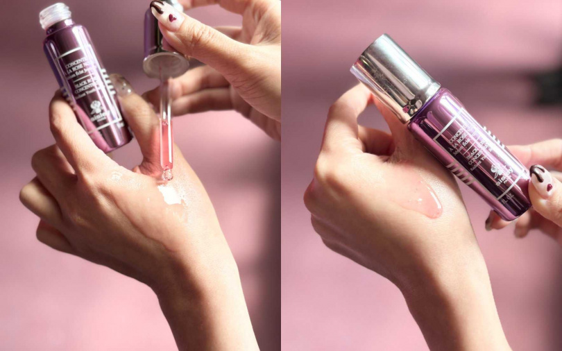 菁萃本身不只有著天然透亮的玫瑰色澤，更揉合了格拉斯的五月玫瑰精露和玫瑰精油香氣，讓保養時光也能倍感療癒。（圖／吳雅鈴攝）