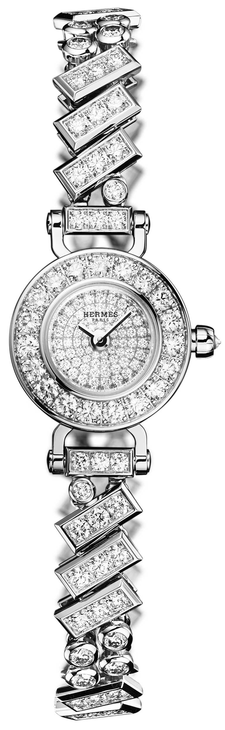HERMÈS「Faubourg Polka」腕錶，白金錶殼，15.5mm，鑽石195顆╱價格未定。（圖╱HERMÈS提供）