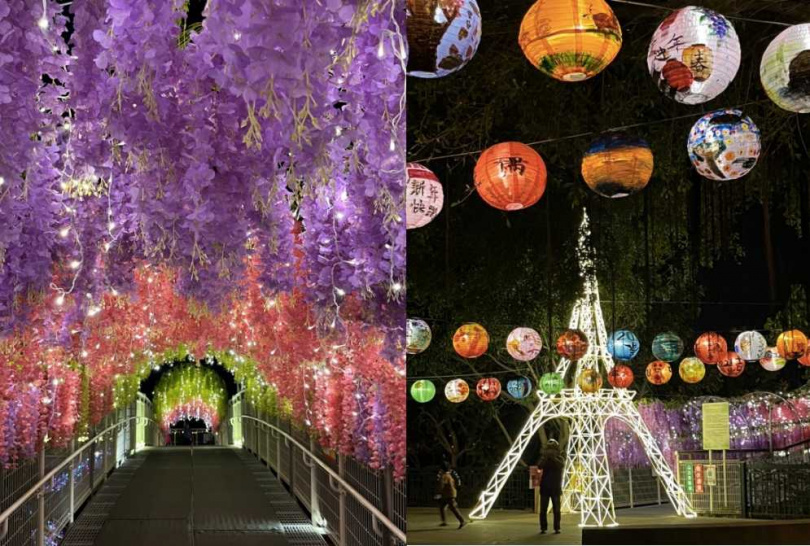 「浪漫花道」燈區以巴黎鐵塔和紫藤花隧道，帶出猶如法國、日本的浪漫氛圍。（圖／彰化縣政府提供）