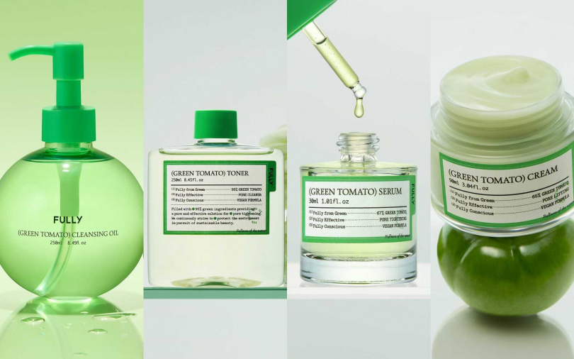 FULLY綠番茄卸妝油250ml／900元、綠番茄化妝水250ml／750元、綠番茄精華30ml／990元、綠番茄乳霜90ml／1,050元（圖／品牌提供）