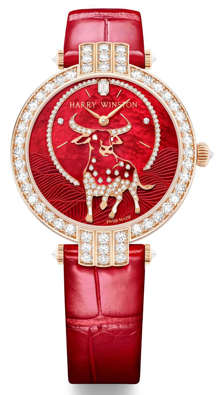 HARRY WINSTON「Premier卓時」系列，牛年生肖限量腕錶，36mm，18K玫瑰金錶殼，HW2014型自動上鏈機芯，鑽石180顆，限量8只╱2,795,000元。（圖╱HARRY WINSTON提供）