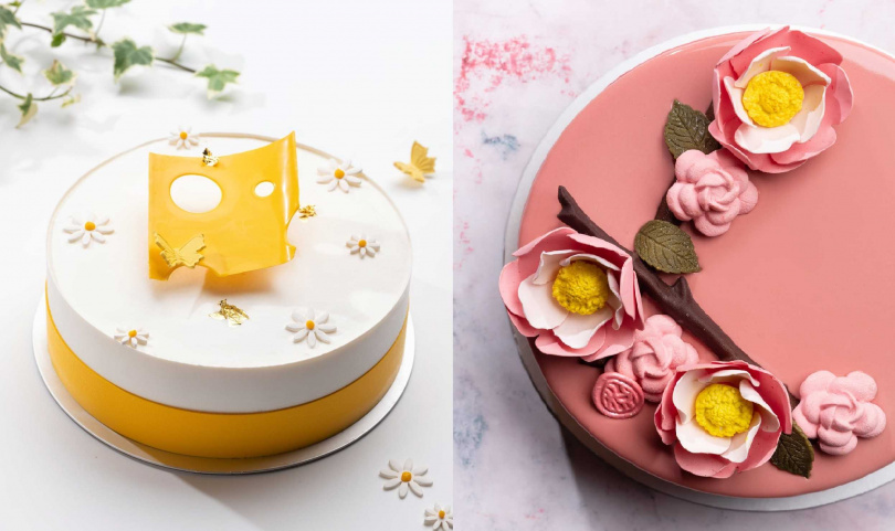 「雪藏百花蜜起士蛋糕」（左，1,250元／7吋）、「精萃山茶花」。（1,380元／7吋，圖／台北君悅酒店提供）