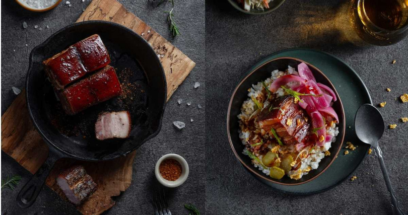 軟嫩且有炒糖醬色的「煙燻豬五花(西坡肉)」(左,400元)也做成「bark.Q控肉飯」(200元)於台中洲際棒球場推出。(圖/bark.Q提供)