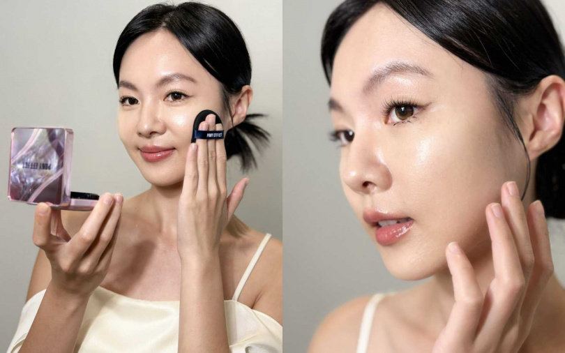 妝感走現在韓系最流行的「遮瑕不遮光」路線,粉體細緻貼膚又輕盈,能修飾毛孔與膚色不均,同時保留自然光澤感,拍完呈現乾淨透亮的精緻底妝效果。(圖/吳雅鈴攝)