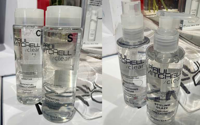 (左)Paul Mitchell敏感肌系列溫和洗髮精、平衡潤髮乳。(右)Paul Mitchell敏感肌系列水光凝露與輕感塑型膠。（圖／品牌提供）