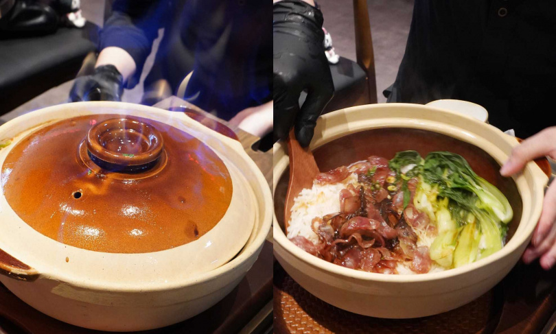 嚴選泰國香米與臘肉、臘腸蒸煮的「雙臘煲仔飯」，會先倒酒點火再淋入特製醬汁。（328元／大份，圖／魏妤靜攝）