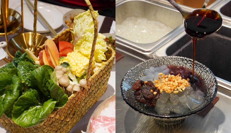 鄰近商務客憑發票投入名片可兌換「田園蔬菜籃」（左），右為在川味火鍋店較易見到的甜品「冰粉」，可自由添加花生碎、蜜紅豆等配料。（圖／魏妤靜攝）
