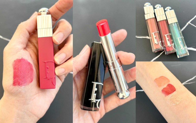 迪奧癮誘沁涼水唇露#671限量版5ml/1,380元、迪奧癮誘唇膏#535限量版3.2g/1,550元、迪奧豐漾翹唇蜜限量版6ml/1,380元(圖/吳雅鈴攝)