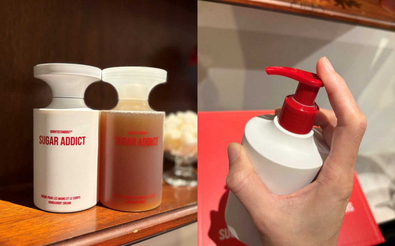 潔膚露跟身體乳包裝都仿造香水瓶身的設計,並貼心附上壓頭方便替換使用。(圖/吳雅鈴攝)