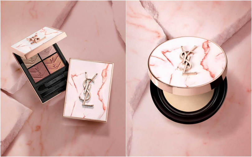 YSL時尚四色眼影盤#825／3,100元、YSL超模光感精華水氣墊#B10／3,180元（圖／品牌提供）