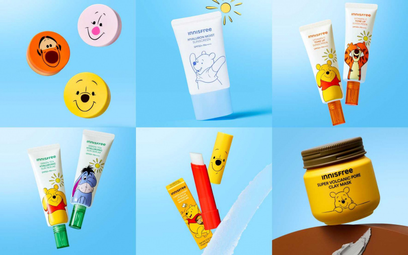 《小熊維尼❤INNISFREE聯名系列》共推出七款夏日必備的明星商品，全系列將於9/1正式上市，同步於全台INNISFREE門市、官方網站、官方線上通路及寶雅、康是美限量販售。（圖／品牌提供）