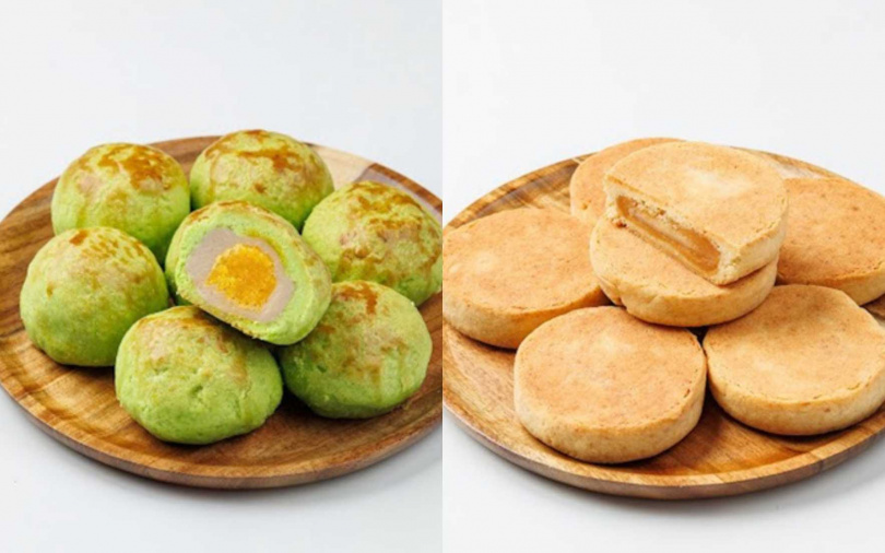 (左)斑斕葉芋泥旦黃酥、(右)黃金乳酪餅。(圖/翻攝自卡帛素食烘焙)