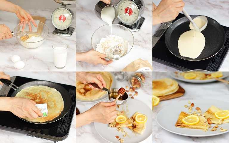 料理步驟學起來>1.在調理盆中打入一顆蛋，加入可麗餅專用粉，使用打蛋器攪拌。2.分2至3次加入水和牛奶攪拌均勻。3.將平底鍋加熱，加入適量的奶油使其融化。4.在平底鍋中倒入適量麵糊，並轉動平底鍋，使麵糊攤開成餅皮，當麵糊邊緣烤熟後即可翻面。5.當餅皮兩面烤至焦黃，可在餅皮表面抹上奶油。6.將烤好的可麗餅皮依個人喜好搭配蜂蜜、檸檬片、綜合堅果等配料。（圖／品牌提供）