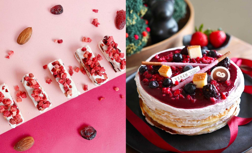 週二食記的「草莓雪糖禮盒」（左，199元，圖／Pinkoi提供）、冶人甜點&花的「草莓莓果聖代千層蛋糕」。（1,240元／6吋，圖／Pinkoi提供）