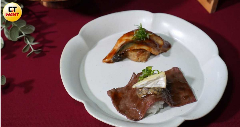 「松露乳酪和牛」(前,40元)、「極炙燒鰻油飯」。(60元,圖/魏妤靜攝)