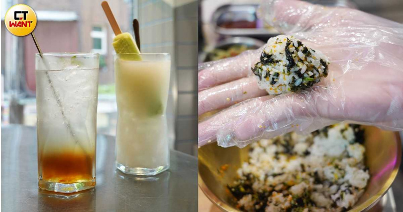 「哈味melon冰棒優格氣泡飲」(左後,套餐加購79元)、「好了梅氣泡飲」(套餐加購59元),右為經典主食「海苔麻油抓抓飯」。(圖/魏妤靜攝)