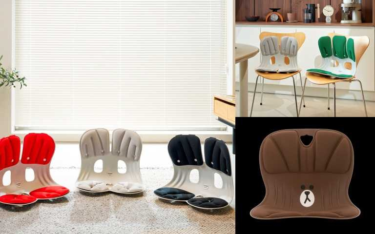 Curble貼心推出GRAND、WIDER、COMFY、KIDS四種尺寸，依據不同年齡、體型與使用場景提供最合適的包覆感。每張產品皆附可拆洗質感椅套，而且有市面唯一的「2年免費更換保固」制度喔！價格2,180~2,480元不等。(右)Curble 護脊椅 Line Friends/2,180元(圖/品牌提供)