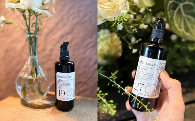 「No.19濃情蜜意瑪卡菁植油」與「No.27藍馨晚香勻體菁植油，以純粹植物能量與天然香氣傳遞溫柔的修護力量。（圖／吳雅鈴攝）