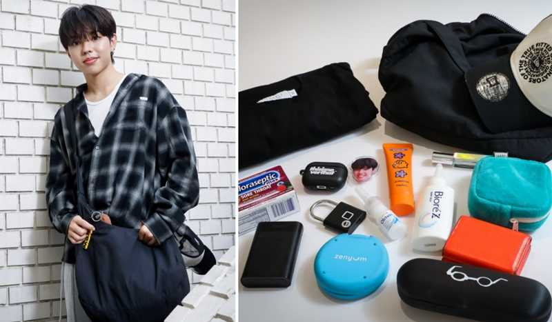 日籍成員加藤琉士因為夏天怕流汗曬黑，因此包包裡多了防曬、帽子，還有代言的香水。（圖／侯世駿攝）