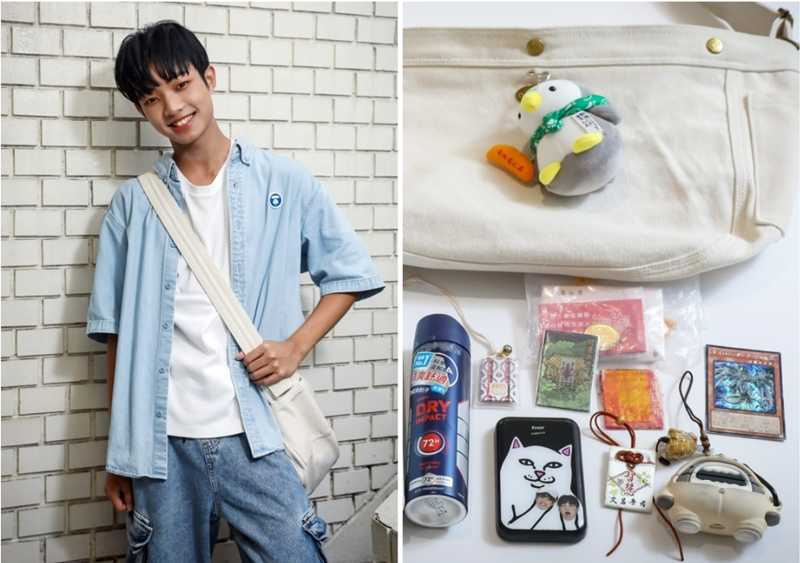 至琦的包包有來自爸媽與阿嬤送的護身符，累積將近10個。（圖／侯世駿攝）