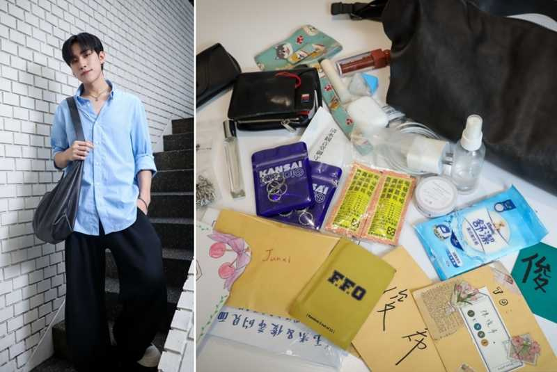 俊希笑說自己有點小潔癖，因此酒精、肥皂、濕紙巾一定要隨身攜帶。（圖／侯世駿攝）