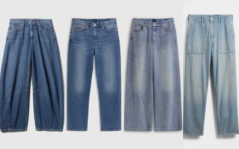 Gap 高腰馬蹄牛仔褲(女) / 2,299元、直筒牛仔褲(男) / 1,999元、寬管牛仔褲(女)/1,999元、寬鬆條紋牛仔褲(男) / 1,999元（圖／品牌提供）