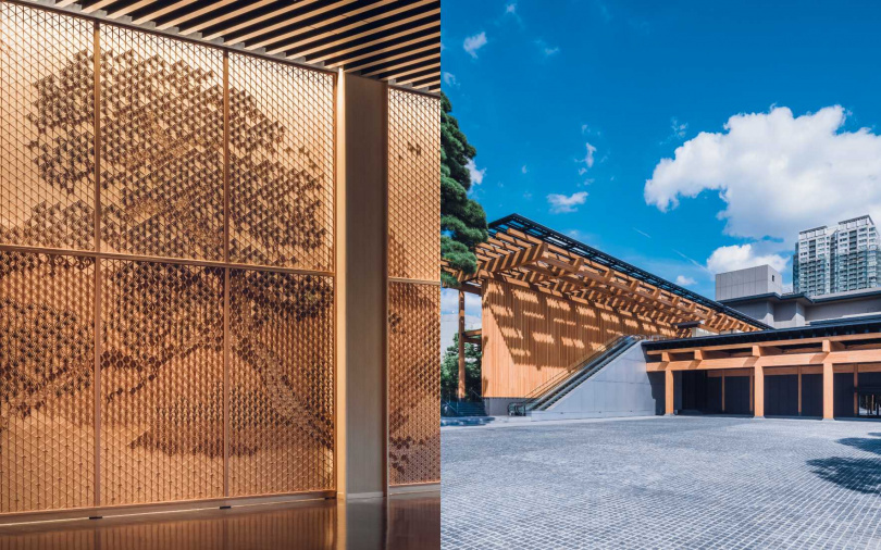 左圖為不使用任何釘子,僅憑精密木片嵌合勾勒紋樣的「組子細工」。以大量紋樣的疊合,交織出宛如繪畫般的精美創作。(©八芳園)