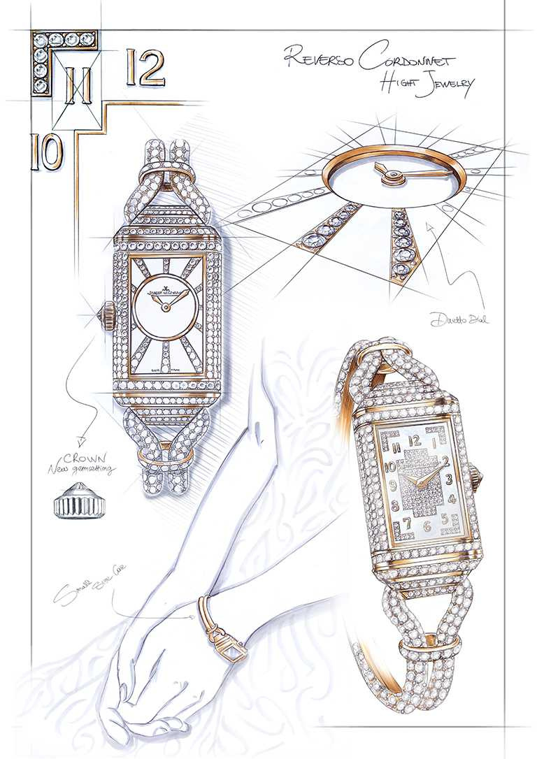 JAEGER-LECOULTRE「Reverso One Cordonnet Jewellery」翻轉系列珠寶腕錶，將柔軟的鑲鑽金質Cordonnet錶鍊，與全鑲鑽Duetto雙面錶殼融為一體。（圖╱JAEGER-LECOULTRE提供）