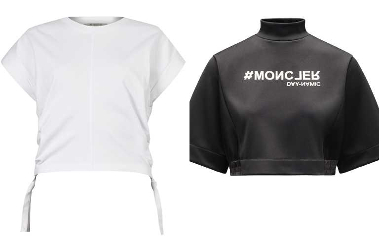 編輯推薦款>AllSaints Mira白色短版短袖T恤／2,800元、MONCLER短版T-shirt(黑)／16,000元(圖／品牌提供)