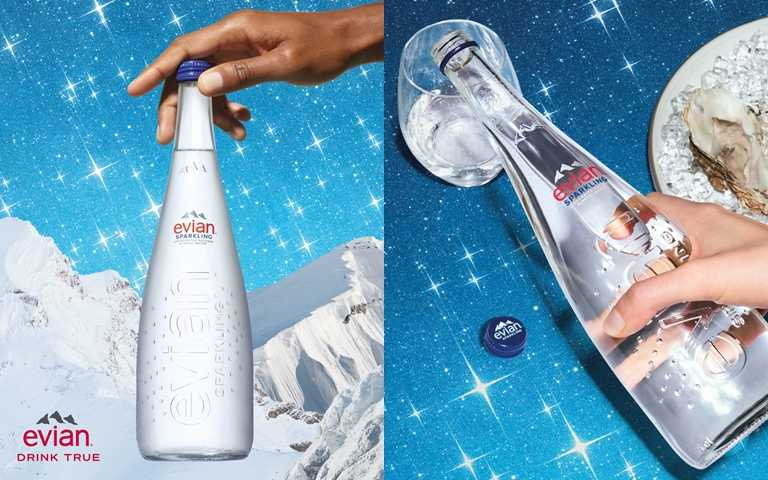 evian氣泡天然礦泉水瓶身上的Sparkling字母，不只代表全新商品的「頂級細緻氣泡」，更蘊含了「璀璨閃耀」的品牌識別。（圖／品牌提供）