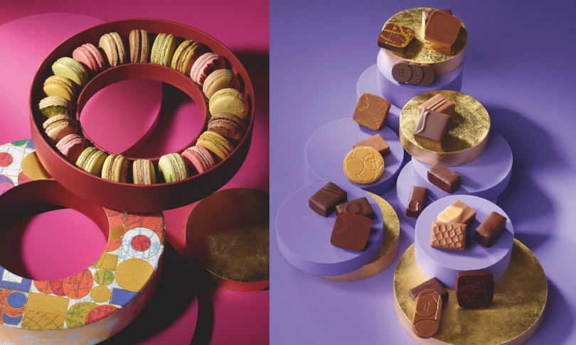 「PIERRE HERMÉ 20入馬卡龍限量禮盒」（左，2,900元）與工藝之作的多款巧克力都是必買甜點。（圖／PIERRE HERMÉ提供）