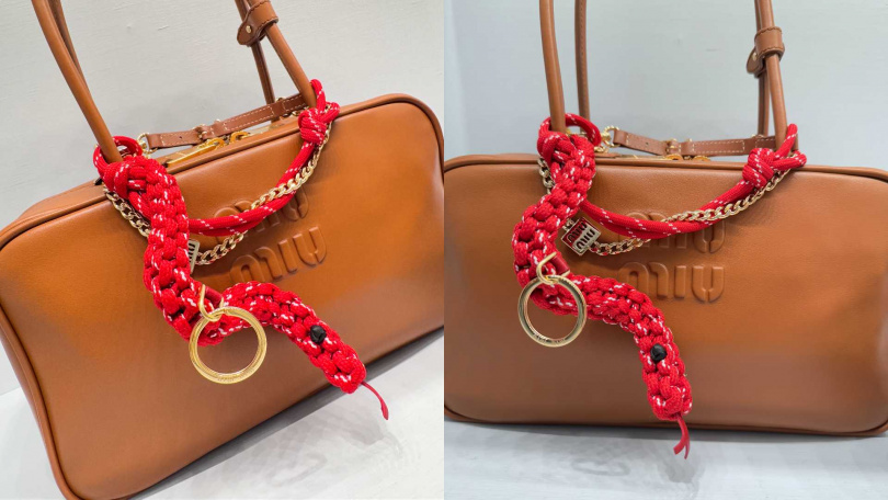 Miu Miu焦糖色Beau皮革手袋／115,000元，繩索蛇形飾物／21,500元（圖／記者拍攝）