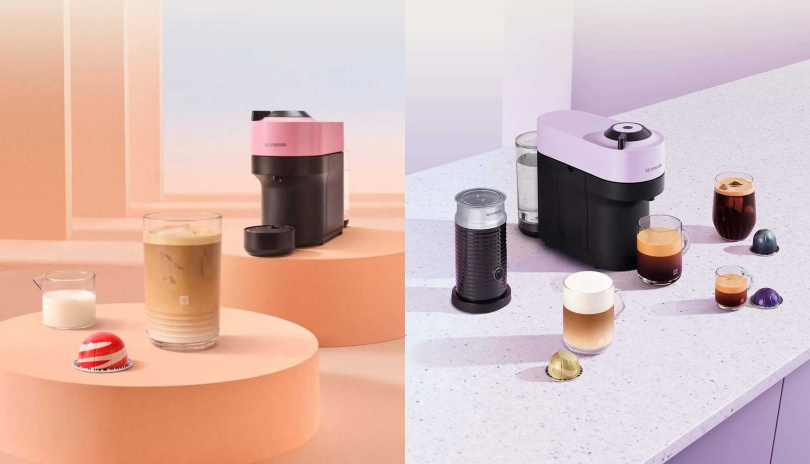 Nespresso Vertuo系列新推出「白巧克力草莓風味咖啡」(左,400 元),丁香紫與櫻花粉Vertuo POP咖啡機也粉嫩登場。(圖/Nespresso提供)