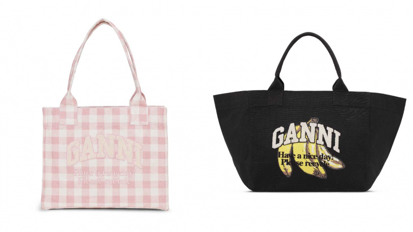 推薦單品:GANNI印花手提袋-淡藕色/7,800元,GANNI香蕉印花手提袋-黑/8,800元(圖/品牌提供)