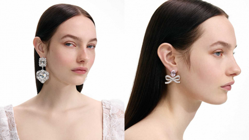 推薦單品:self-portrait Crystal Pearl Tiered Heart Earrings/8,800元,self-portrait Pink Crystal Bow Earrings/7,300元(圖/品牌提供)