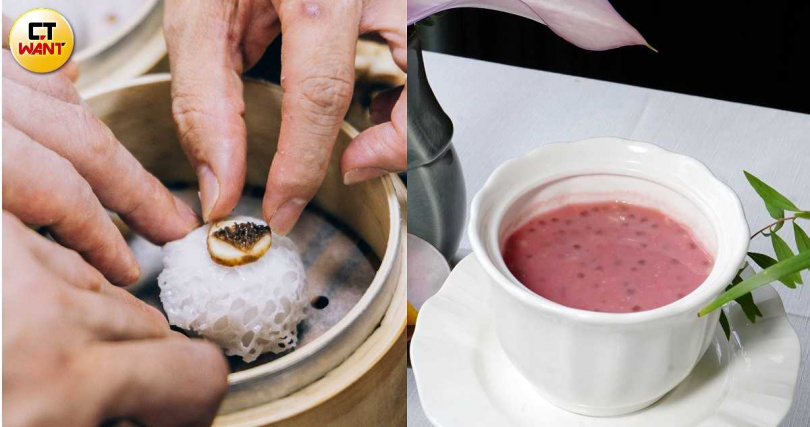 港灣壹號的手作港點、甜品工序耗時，「竹影山珍如意粿」、「石榴蘆薈甘露」（右，320元）都值得一試。（圖／台北君悅酒店提供、魏妤靜攝）