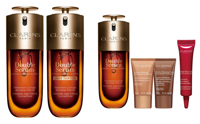 黃金雙萃精華大容量75ml／5,220元、雙萃緊緻膠原組／4,500元  內含黃金雙萃精華50ml+煥顏緊緻膠原日霜15ml+煥顏緊緻膠原晚霜15ml+全新全效緊緻眼霜7ml。（圖／品牌提供）