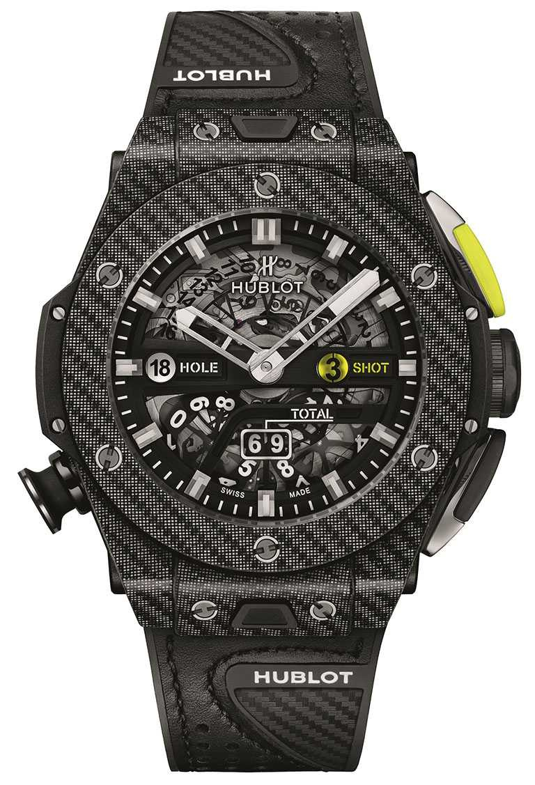 HUBLOT「Big Bang Unico Golf」系列腕錶（王者黑），45mm，黑色鍍鋁碳纖維錶殼，MHUB1580型自動上鏈機芯╱978,000元。（圖╱HUBLOT提供）