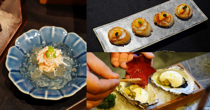 套餐開胃菜小品「松葉蟹晶凍」（左），套餐逸品「炙海膽干貝佐魚子醬」（右上）、「香蘋煙燻乳酪鮮蠔」。（圖／魏妤靜攝）