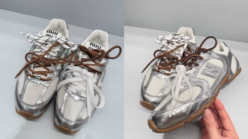 New Balance X Miu Miu 530 SL金屬色皮革和網眼運動鞋/39,000元。(圖/記者拍攝)