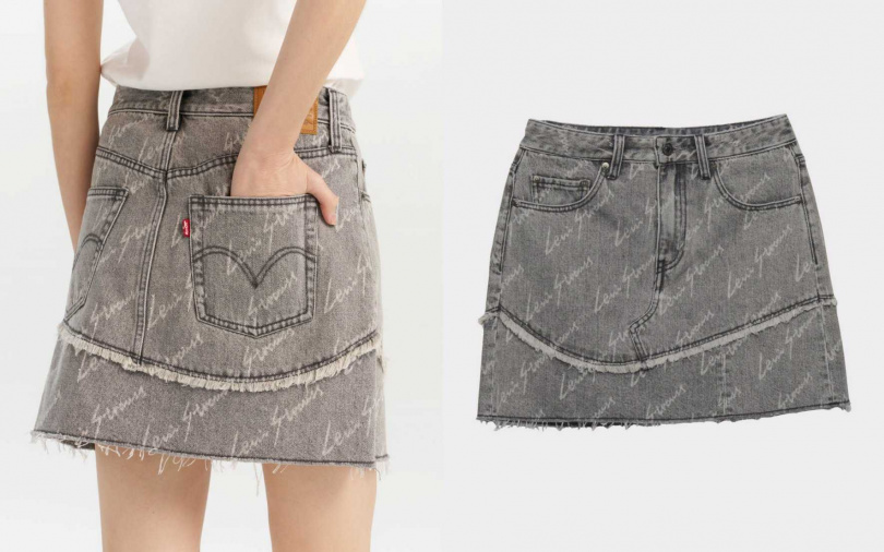 Levi’s®女款牛仔短裙/3,290元 滿版logo設計和拼接剪裁,讓牛仔裙不無聊。(圖/品牌提供)
