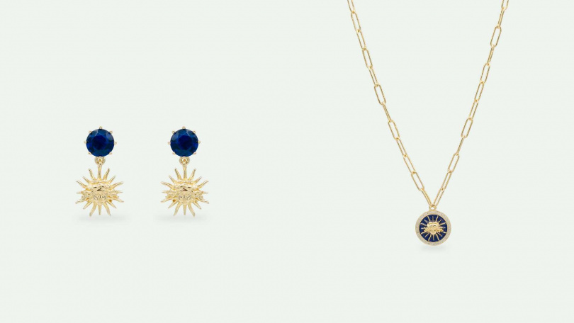 左:Les Néréides小小凡爾賽-太陽王與藍色切割水晶耳環 /4,000元;右:藍色太陽王項鍊 /9,800元(圖/品牌提供)