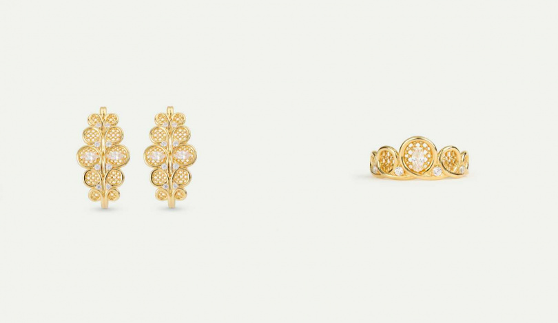 左:Les Néréides 愛樂而生-花絲皇冠耳環/6,300元;右:Les Néréides 愛樂而生-花絲皇冠戒指 /4,000元(圖/品牌提供)