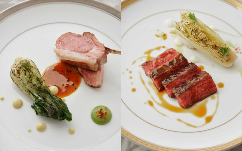 (左)鹽麵團烤羊、(右)上海醬牛肉/發酵娃娃菜/雞骨汁。(圖/LIN Restaurant提供)